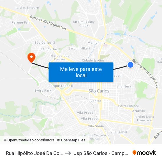 Rua Hipólito José Da Costa to Usp São Carlos - Campus II map