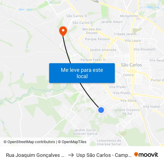 Rua Joaquim Gonçalves Lêdo to Usp São Carlos - Campus II map