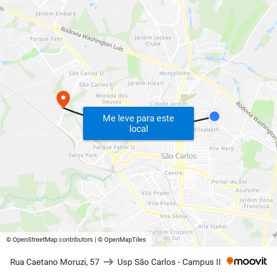 Rua Caetano Moruzi, 57 to Usp São Carlos - Campus II map