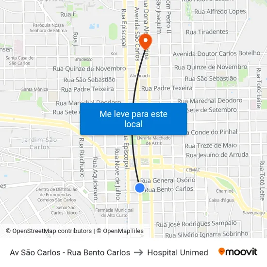 Av São Carlos - Rua Bento Carlos to Hospital Unimed map