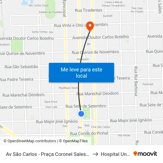 Av São Carlos - Praça Coronel Sales (Pombos) to Hospital Unimed map