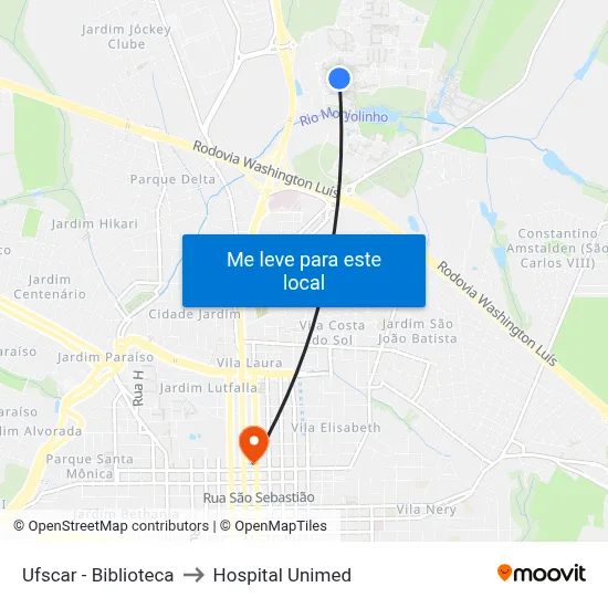 Ufscar - Biblioteca to Hospital Unimed map