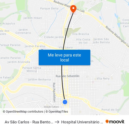 Av São Carlos - Rua Bento Carlos to Hospital Universitário Ufscar map