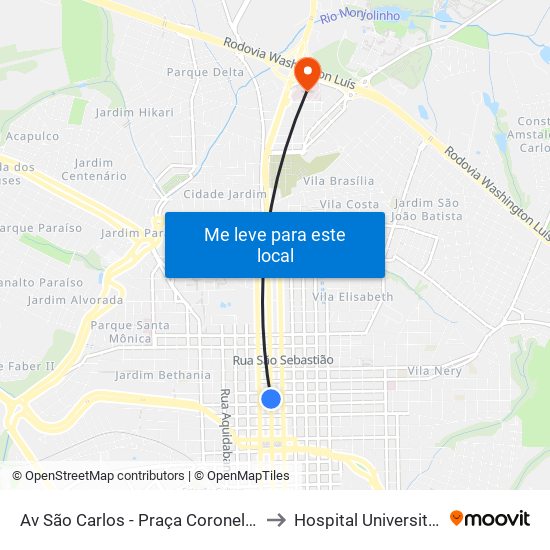 Av São Carlos - Praça Coronel Sales (Pombos) to Hospital Universitário Ufscar map