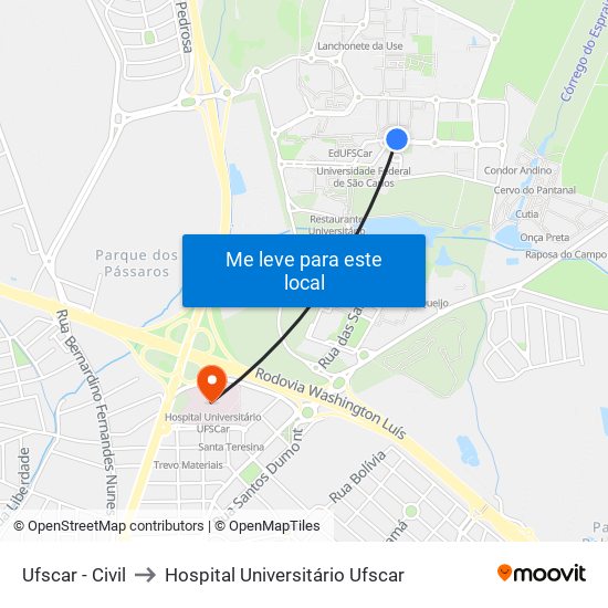 Ufscar - Civil to Hospital Universitário Ufscar map