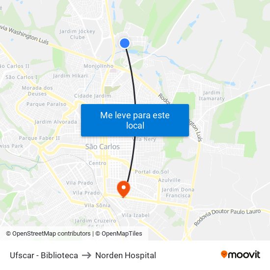 Ufscar - Biblioteca to Norden Hospital map