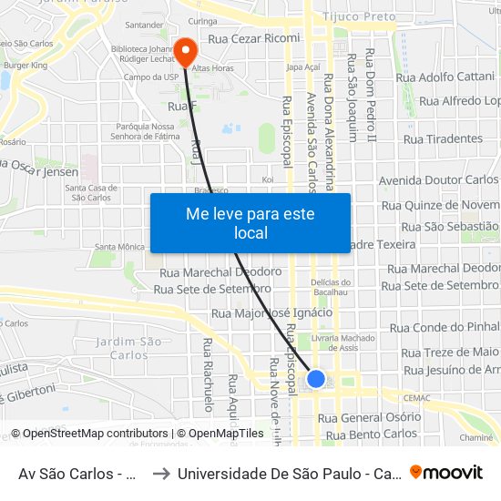 Av São Carlos - Mercado to Universidade De São Paulo - Campus / Área I map