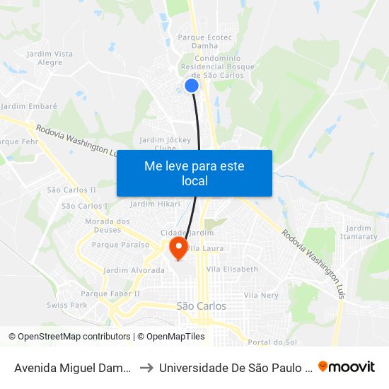 Avenida Miguel Damha - Damha III to Universidade De São Paulo - Campus / Área I map