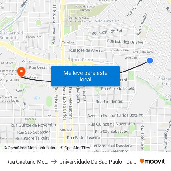 Rua Caetano Moruzi, 57 to Universidade De São Paulo - Campus / Área I map