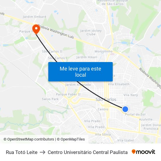 Rua Totó Leite to Centro Universitário Central Paulista map