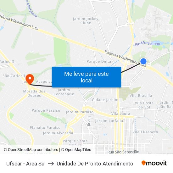 Ufscar - Área Sul to Unidade De Pronto Atendimento map