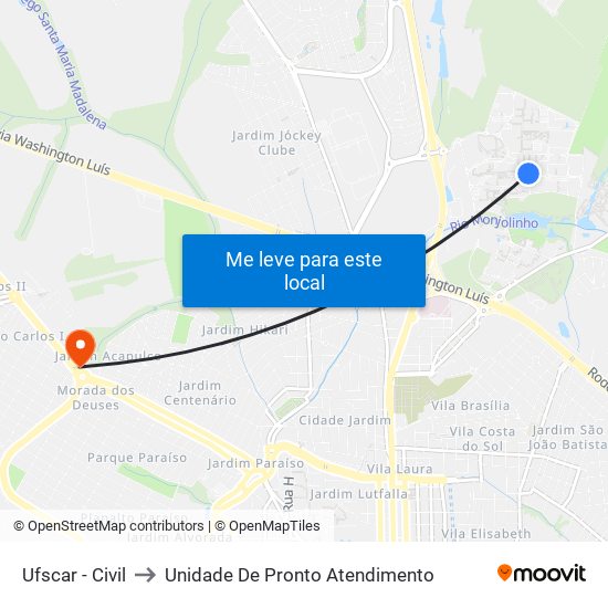 Ufscar - Civil to Unidade De Pronto Atendimento map