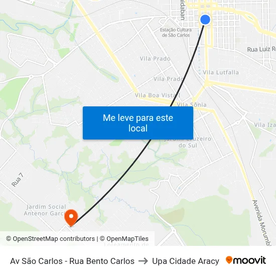 Av São Carlos - Rua Bento Carlos to Upa Cidade Aracy map