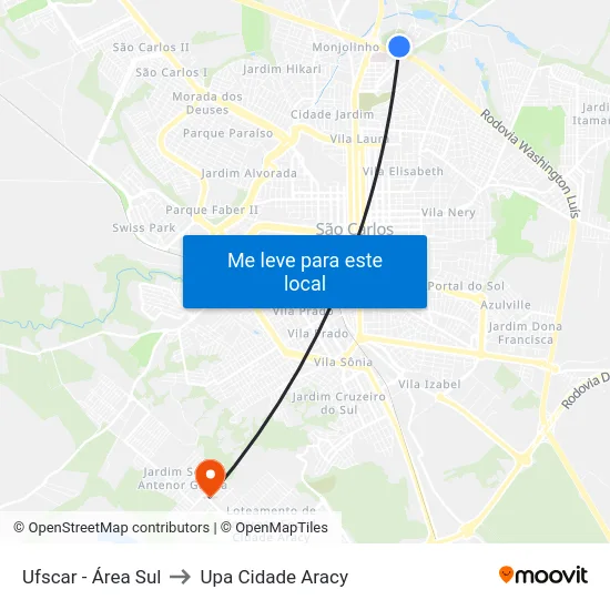 Ufscar - Área Sul to Upa Cidade Aracy map