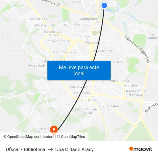 Ufscar - Biblioteca to Upa Cidade Aracy map