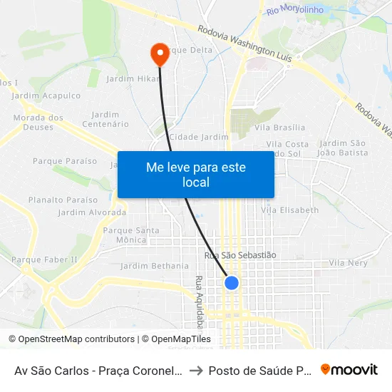 Av São Carlos - Praça Coronel Sales (Pombos) to Posto de Saúde Parque Delta map