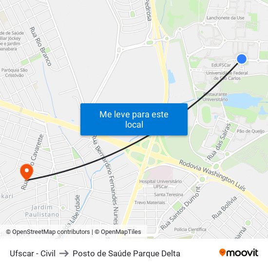 Ufscar - Civil to Posto de Saúde Parque Delta map