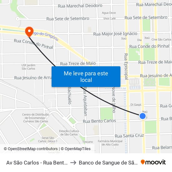 Av São Carlos - Rua Bento Carlos to Banco de Sangue de São Carlos map