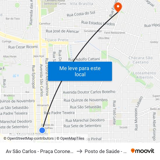 Av São Carlos - Praça Coronel Sales (Pombos) to Posto de Saúde - Tijuco Preto map