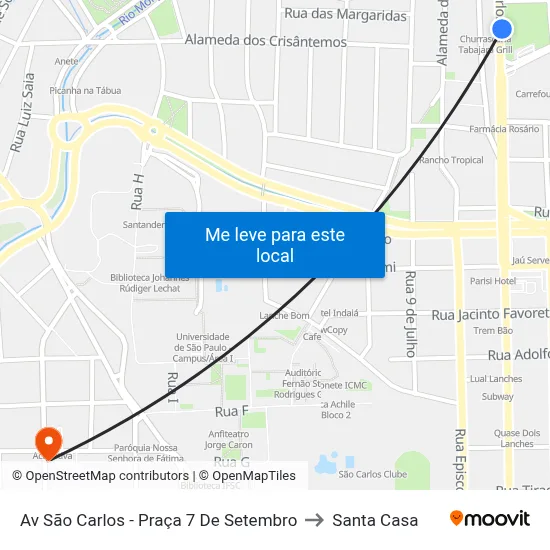 Av São Carlos - Praça 7 De Setembro to Santa Casa map