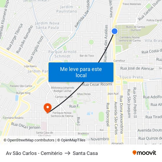 Av São Carlos - Cemitério to Santa Casa map