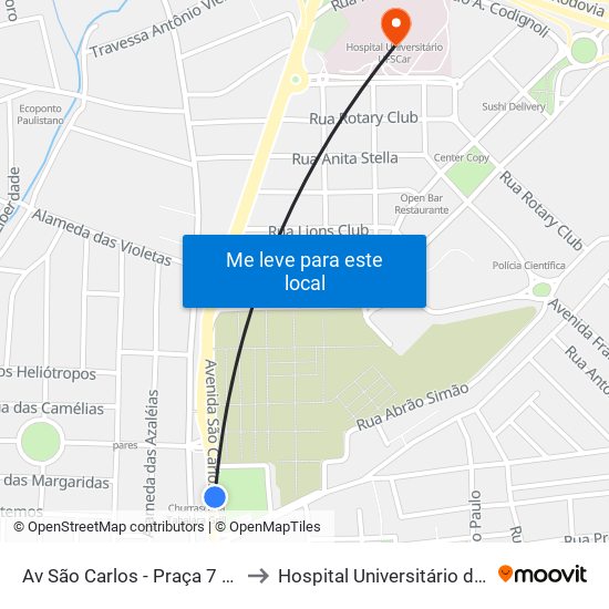 Av São Carlos - Praça 7 De Setembro to Hospital Universitário de São Carlos map