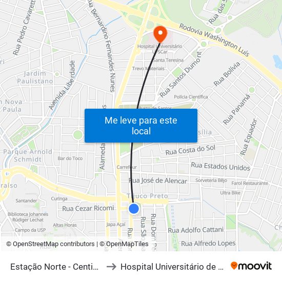 Estação Norte - Centido Centro to Hospital Universitário de São Carlos map