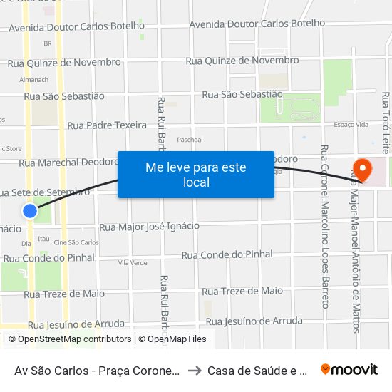 Av São Carlos - Praça Coronel Sales (Pombos) to Casa de Saúde e Maternidade map