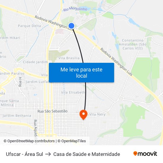 Ufscar - Área Sul to Casa de Saúde e Maternidade map