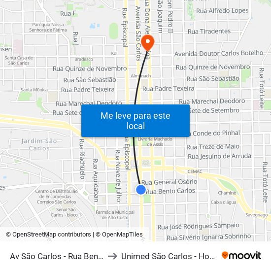 Av São Carlos - Rua Bento Carlos to Unimed São Carlos - Hospital 24h map