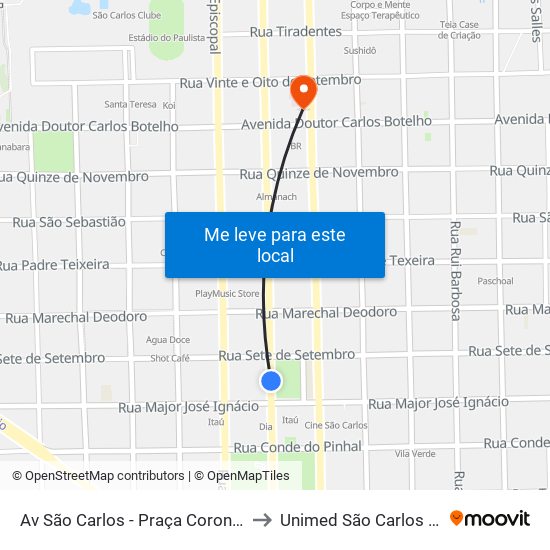 Av São Carlos - Praça Coronel Sales (Pombos) to Unimed São Carlos - Hospital 24h map