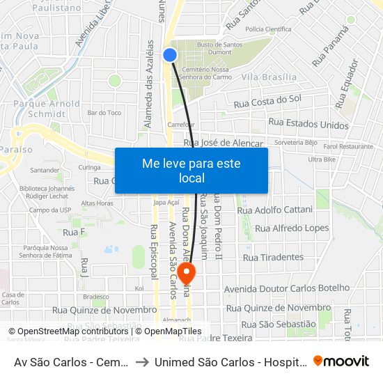 Av São Carlos - Cemitério to Unimed São Carlos - Hospital 24h map