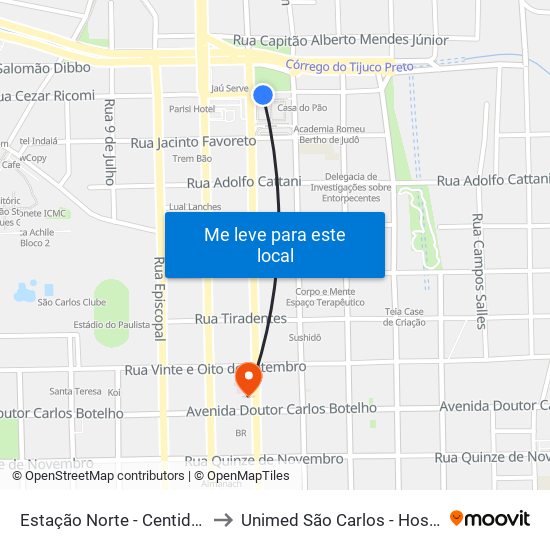 Estação Norte - Centido Centro to Unimed São Carlos - Hospital 24h map