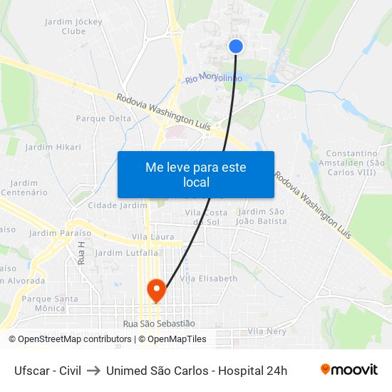 Ufscar - Civil to Unimed São Carlos - Hospital 24h map