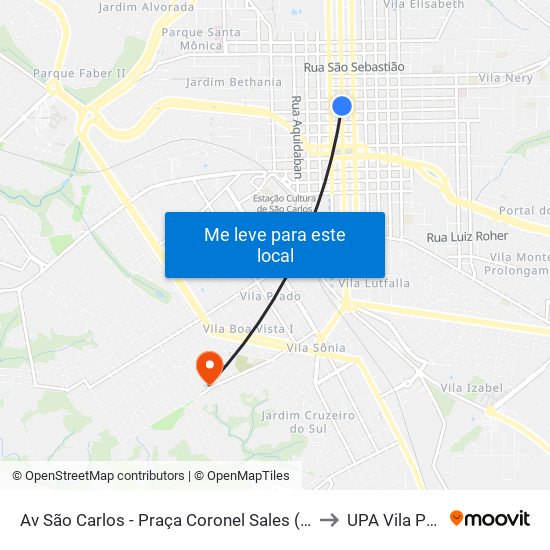 Av São Carlos - Praça Coronel Sales (Pombos) to UPA Vila Prado map