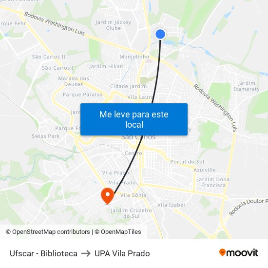 Ufscar - Biblioteca to UPA Vila Prado map