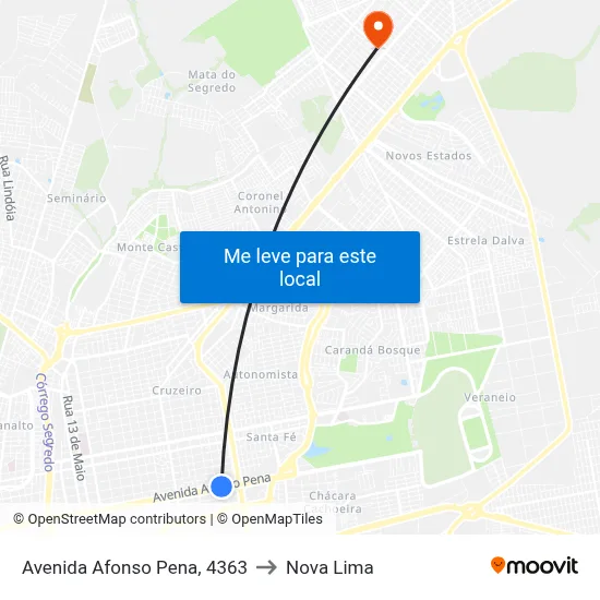 Avenida Afonso Pena, 4363 to Nova Lima map