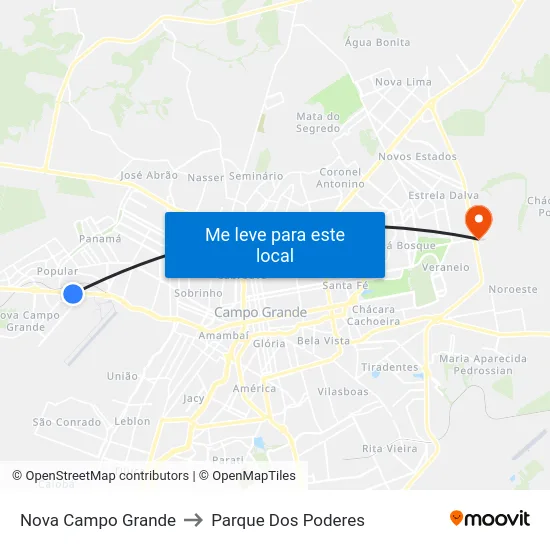 Nova Campo Grande to Parque Dos Poderes map
