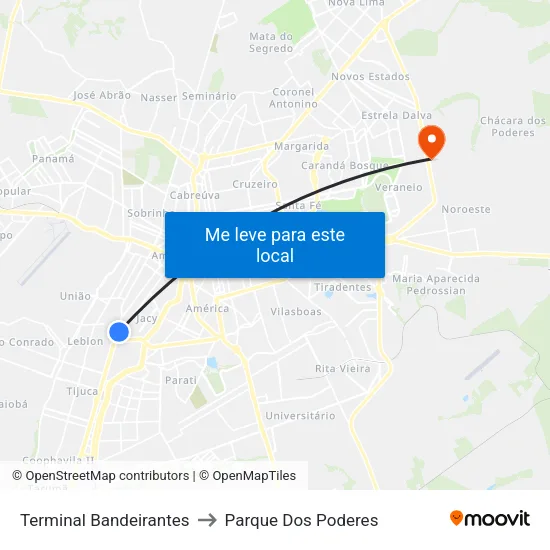 Terminal Bandeirantes to Parque Dos Poderes map