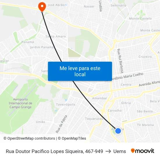 Rua Doutor Pacífico Lopes Siqueira, 467-949 to Uems map