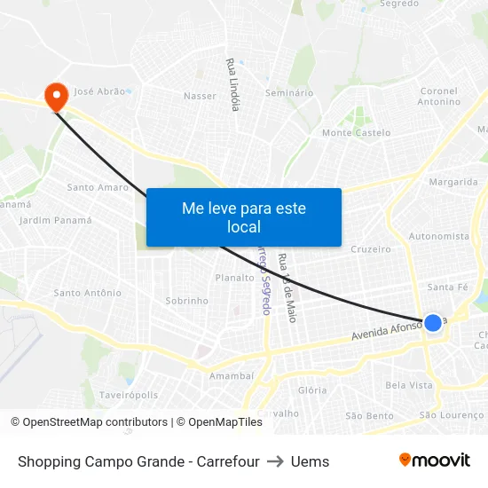 Shopping Campo Grande - Carrefour to Uems map