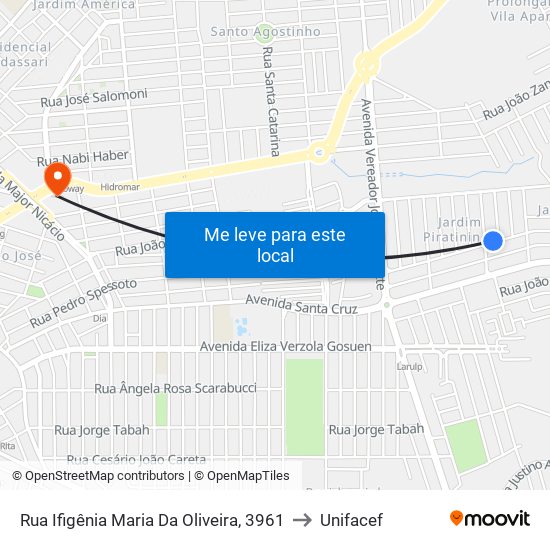 Rua Ifigênia Maria Da Oliveira, 3961 to Unifacef map