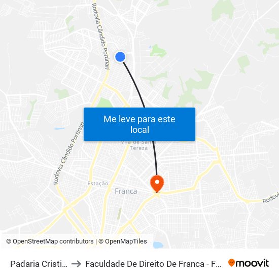 Padaria Cristina to Faculdade De Direito De Franca - Facef map