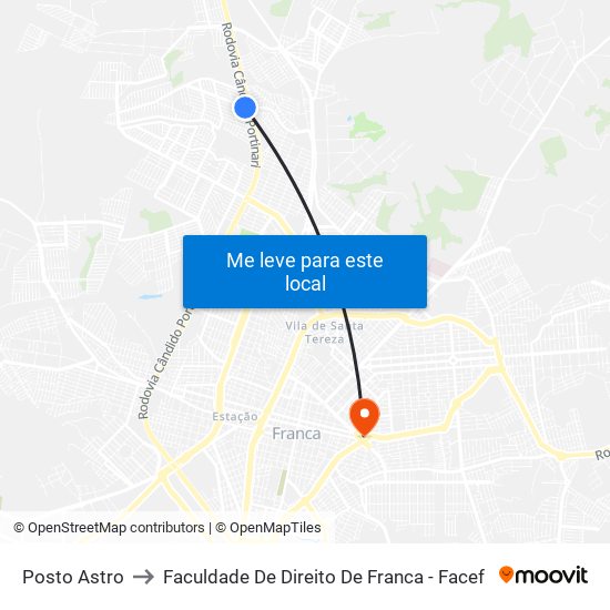 Posto Astro to Faculdade De Direito De Franca - Facef map