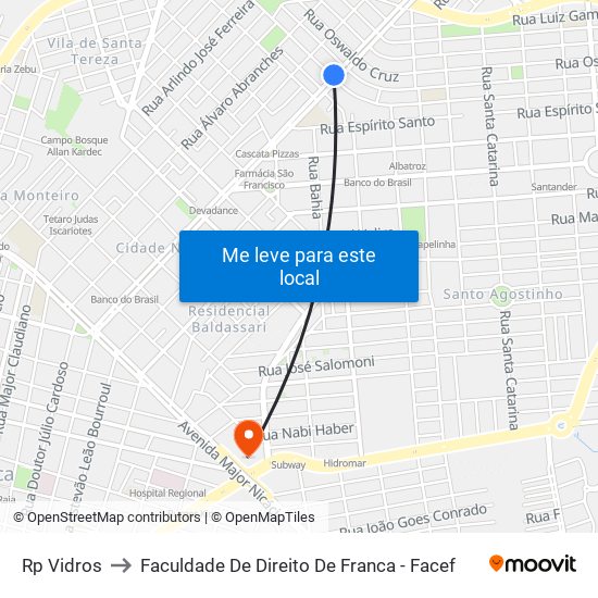 Rp Vidros to Faculdade De Direito De Franca - Facef map