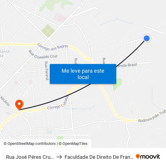 Rua José Péres Cruz, 1170 to Faculdade De Direito De Franca - Facef map