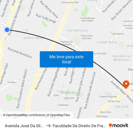 Avenida José Da Silva, 2696 to Faculdade De Direito De Franca - Facef map