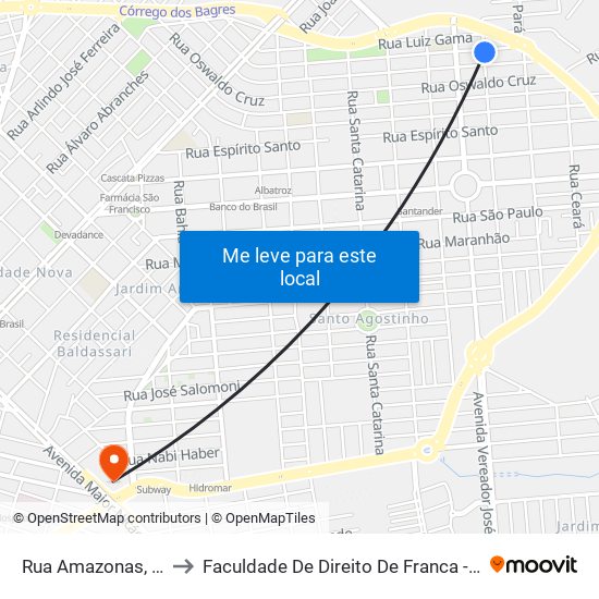 Rua Amazonas, 485 to Faculdade De Direito De Franca - Facef map