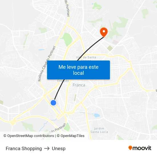 Franca Shopping to Unesp map