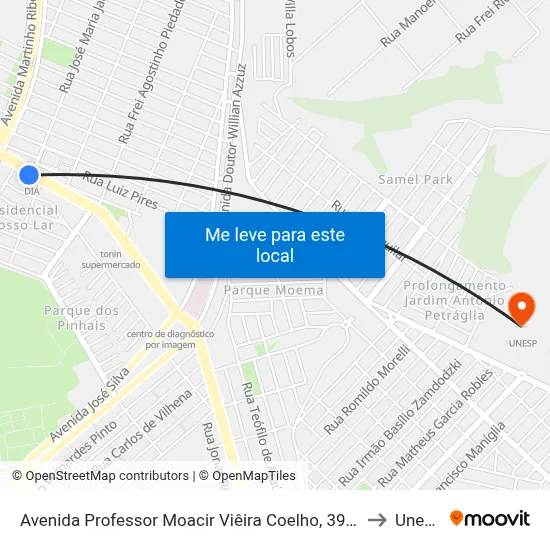 Avenida Professor Moacir Viêira Coelho, 3913 to Unesp map